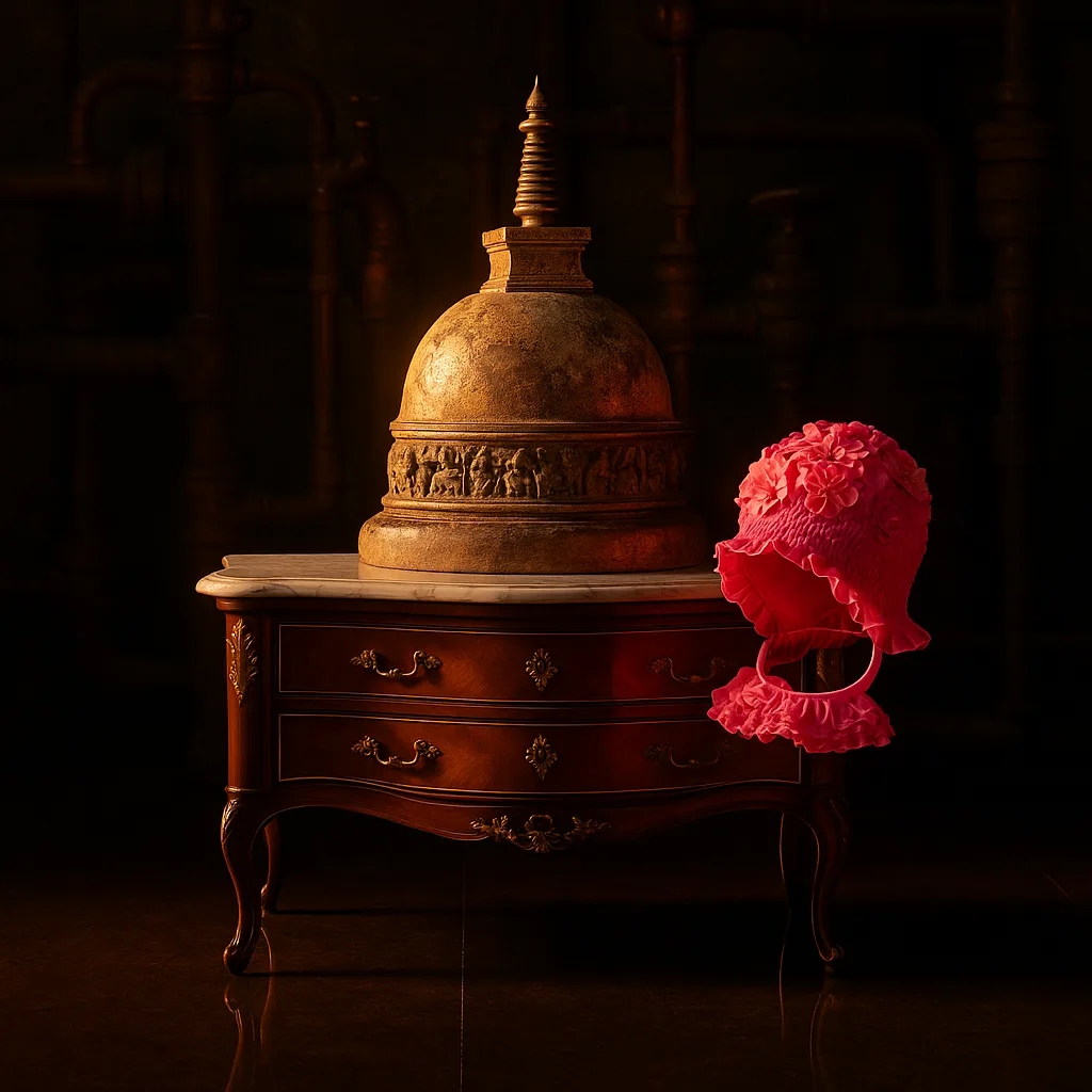 Three Distinct Items—a Hemispherical Stupa Bearing a Weathered Patina