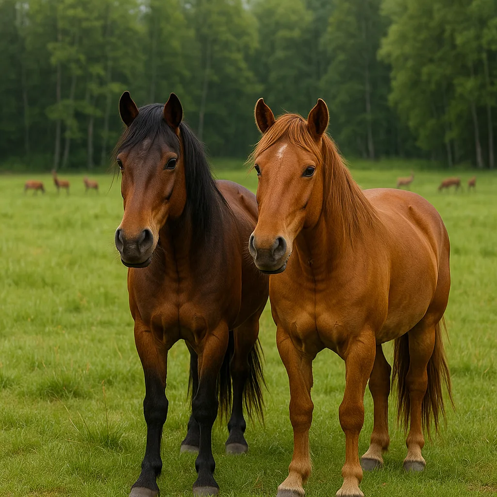 Two Horses Stand on a Grassy Field with a Forest
