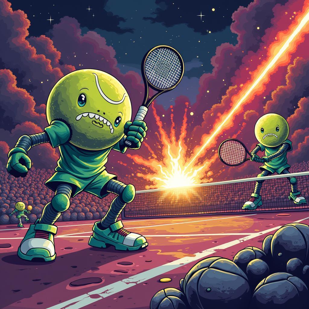 Eight Bit Tennis Ball Monsters Battling With Lasers