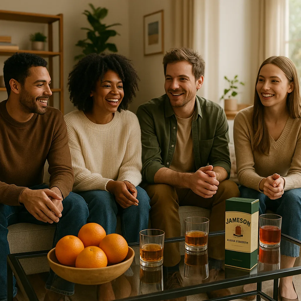 Living Room Gathering with a Glass Table Holding Oranges