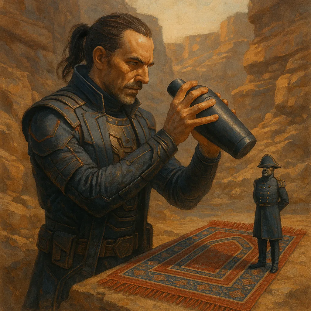 Male Auteur Figure in Detailed Far-future Science Fiction Attire Actively