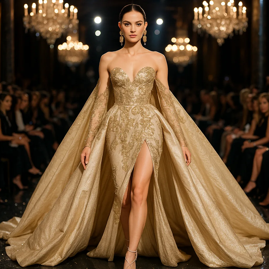 Model Is Presenting a Luxurious Couture Ensemble