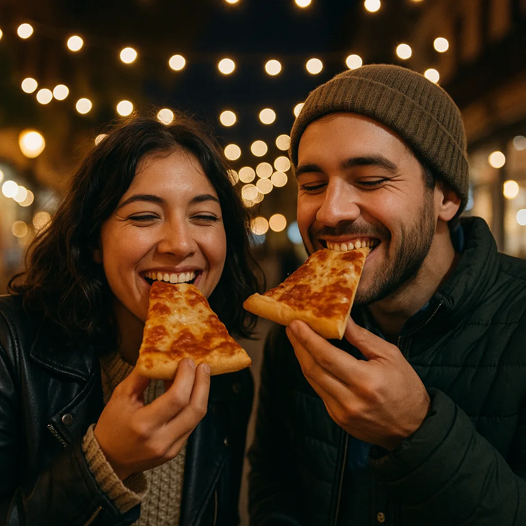 Two People Eating Slices of Pizza Outdoors at Night