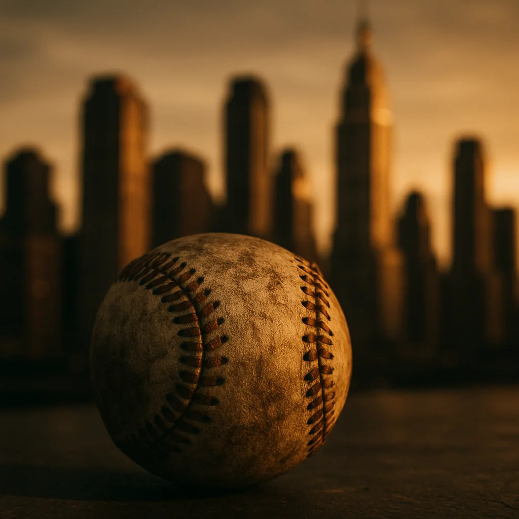 Worn Vintage Baseball Rests Sharply Focused Before Rhythmically Gleaming Skyscrapers