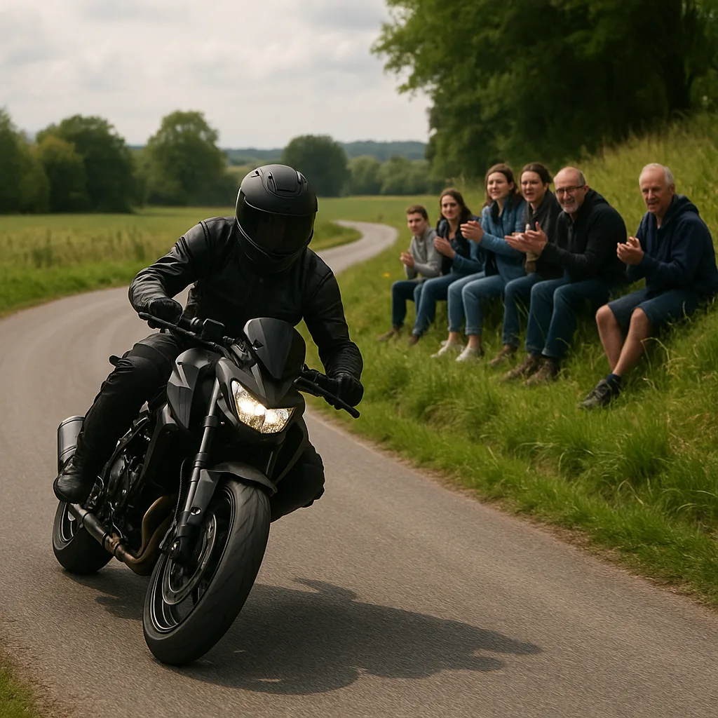 Motorcyclist in Black Gear Riding on a Curved Rural Road