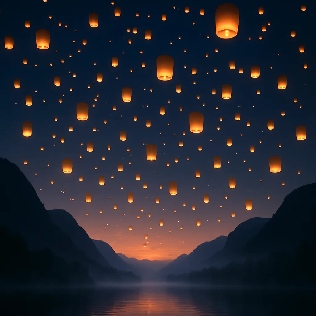 Innumerable Glowing Lanterns Ascend into the Twilight Sky