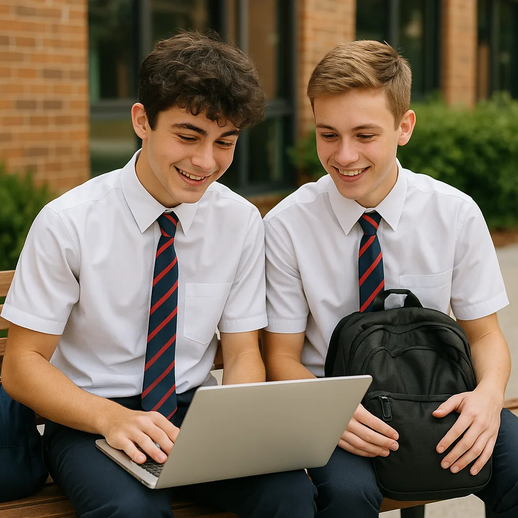 Two Male Students in School Uniforms Sitting on a Bench