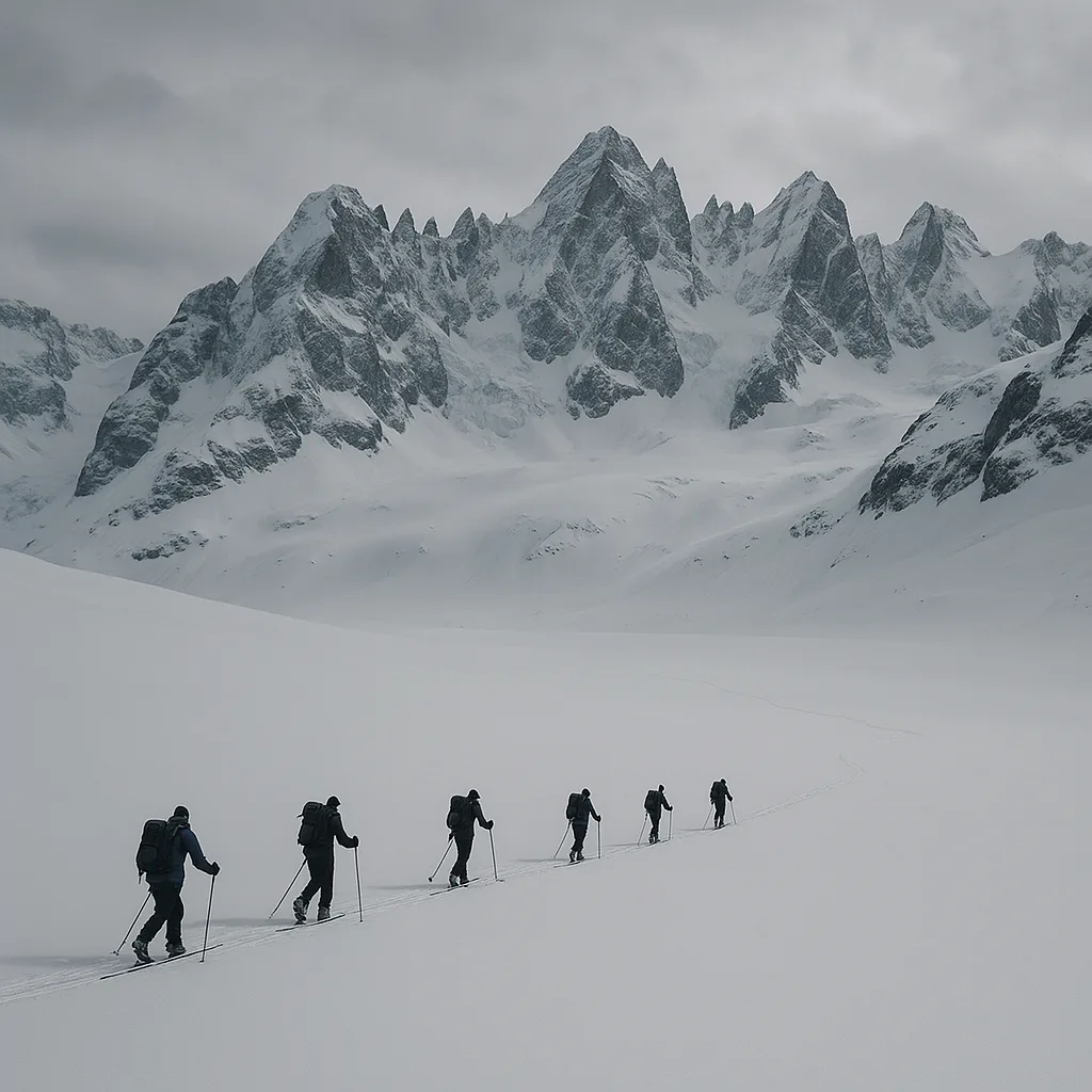 Several Distant Ski Tourers Traverse a Vast