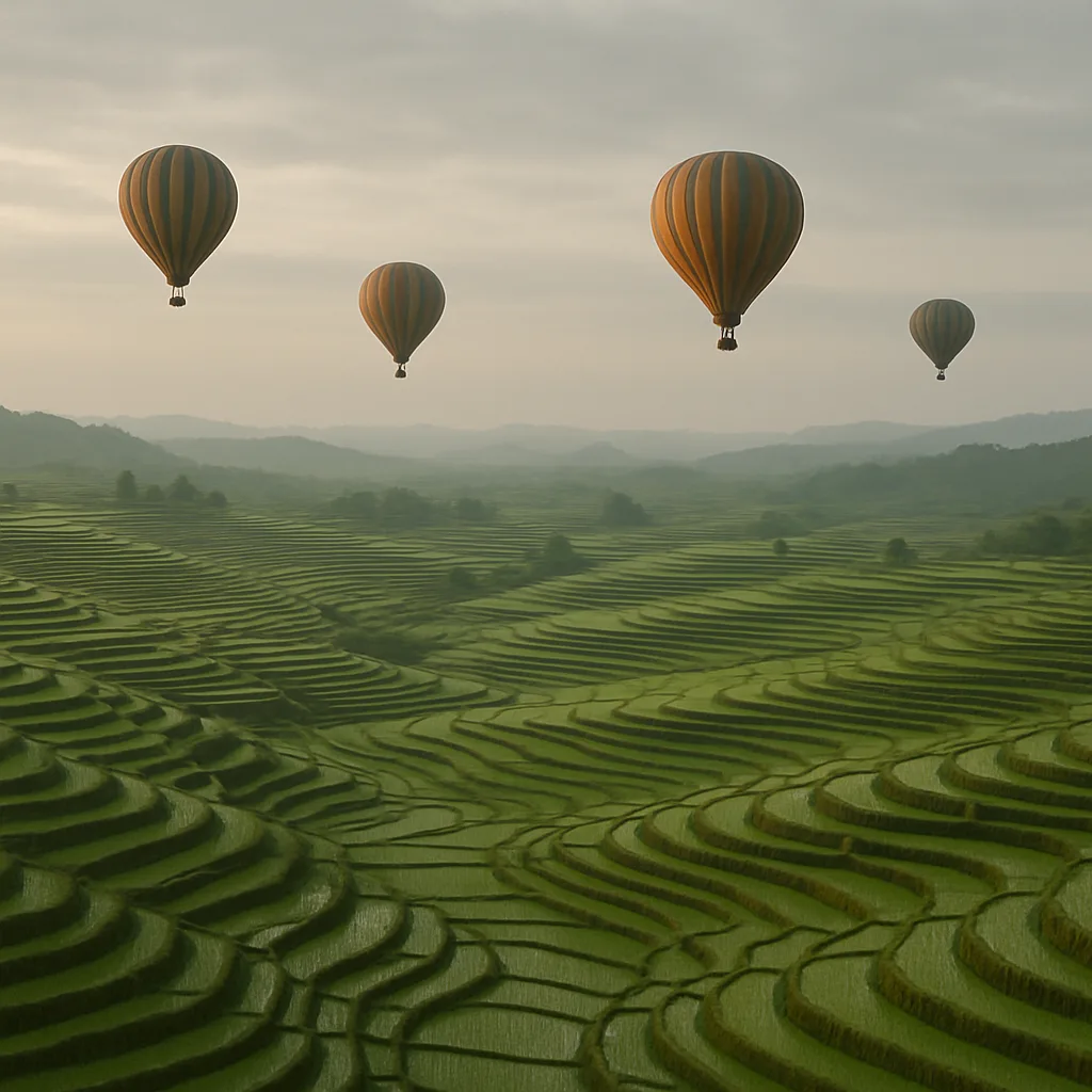 Several Distant Hot Air Balloons Drift Silently over a Vast