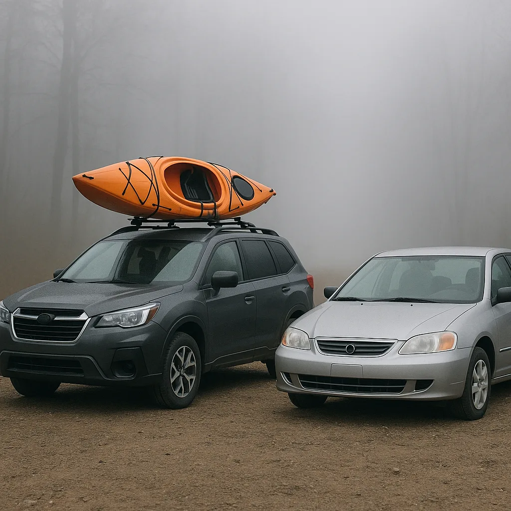 Two Cars Parked on a Gravel Surface in a Foggy