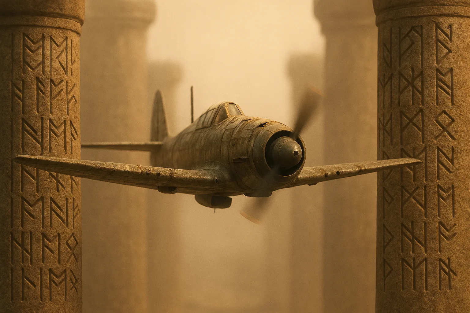 Weathered Warplane Flies Between Massive Rune-carved Columns