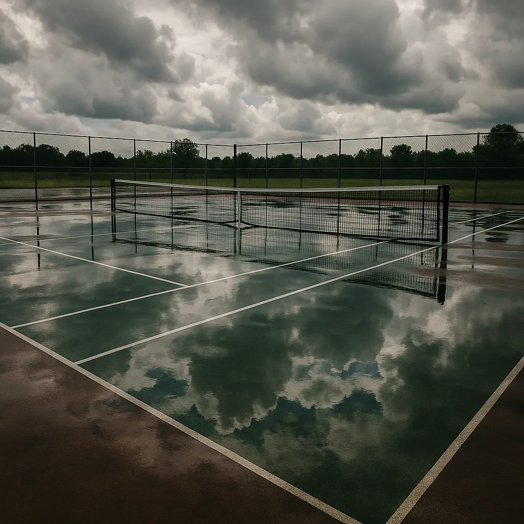 Wet Tennis Court Scattered with Puddles