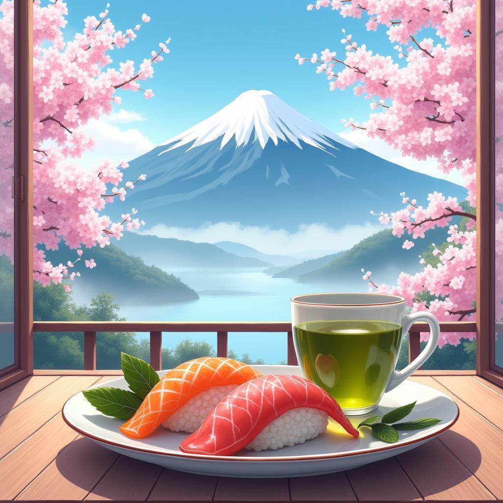 Sushi and Green Tea Beneath Mount Fuji Blossoms