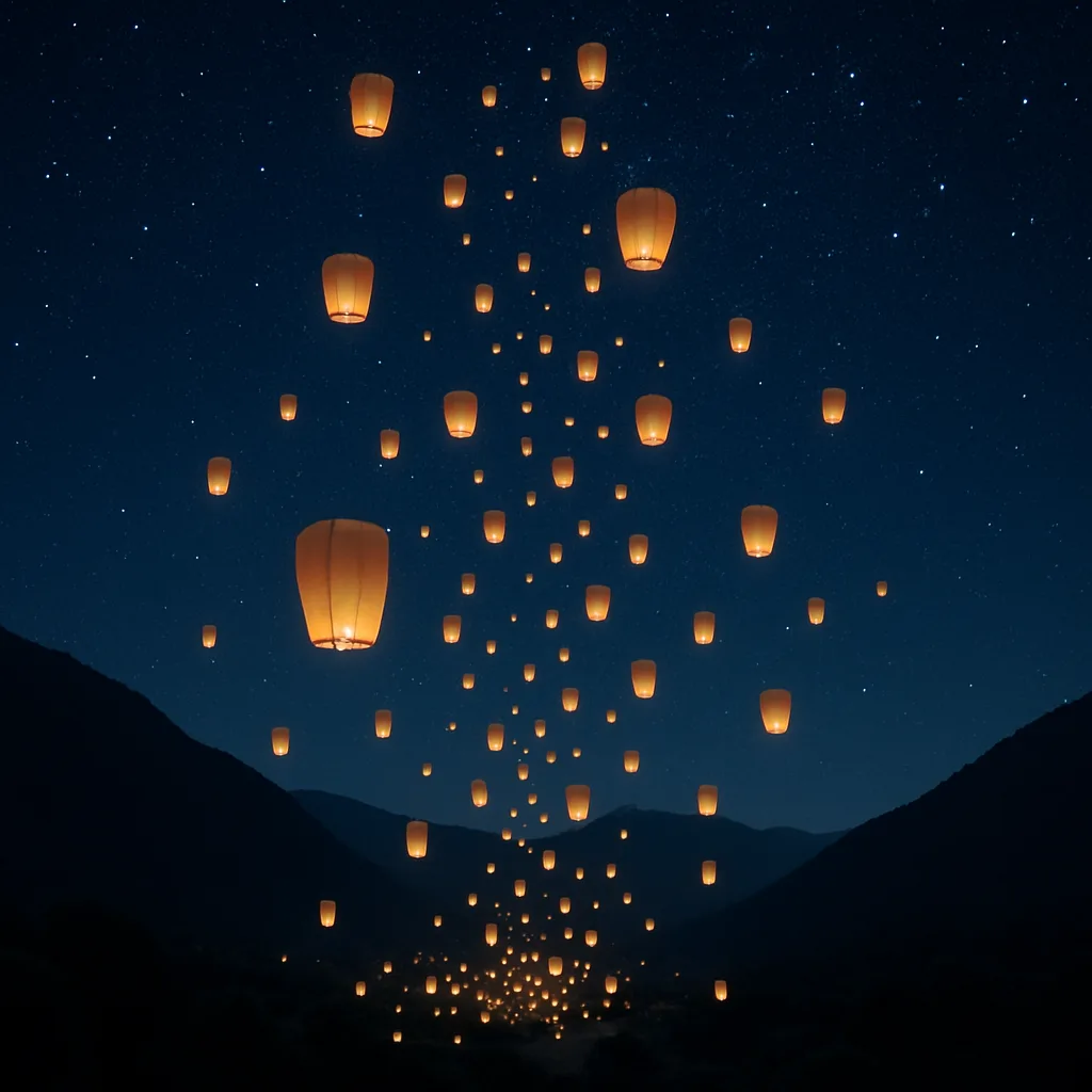 Many Glowing Sky Lanterns Drift Upwards in a Gentle Stream