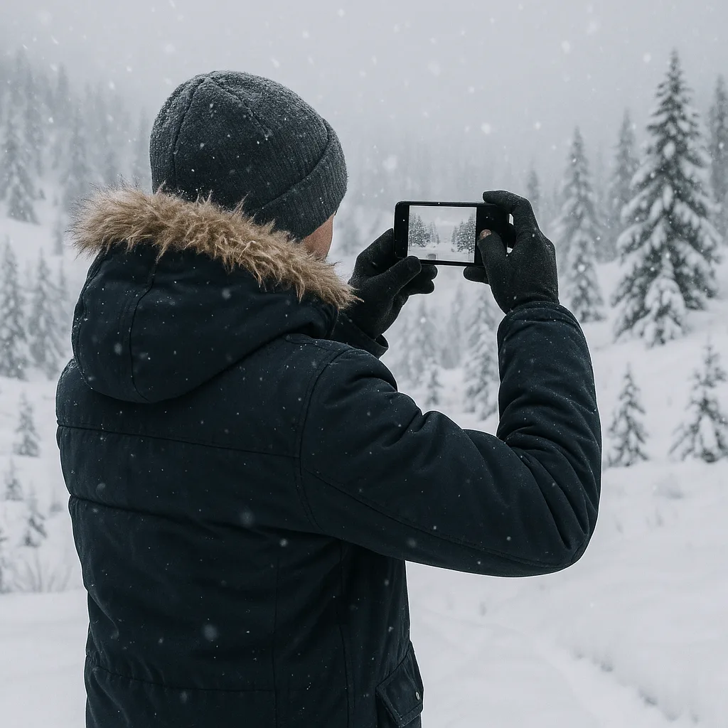 Person Dressed in a Winter Coat Taking Pictures