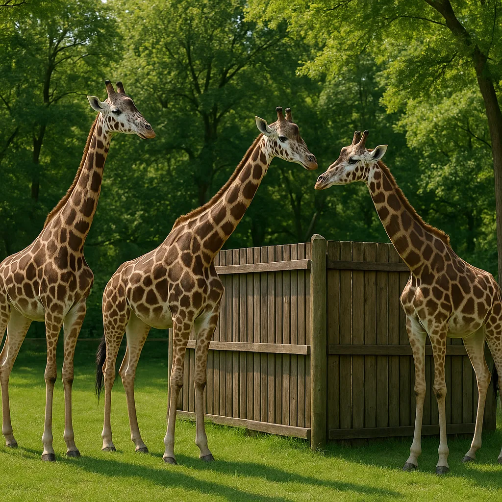 Three Giraffes Standing near a Wooden Enclosure