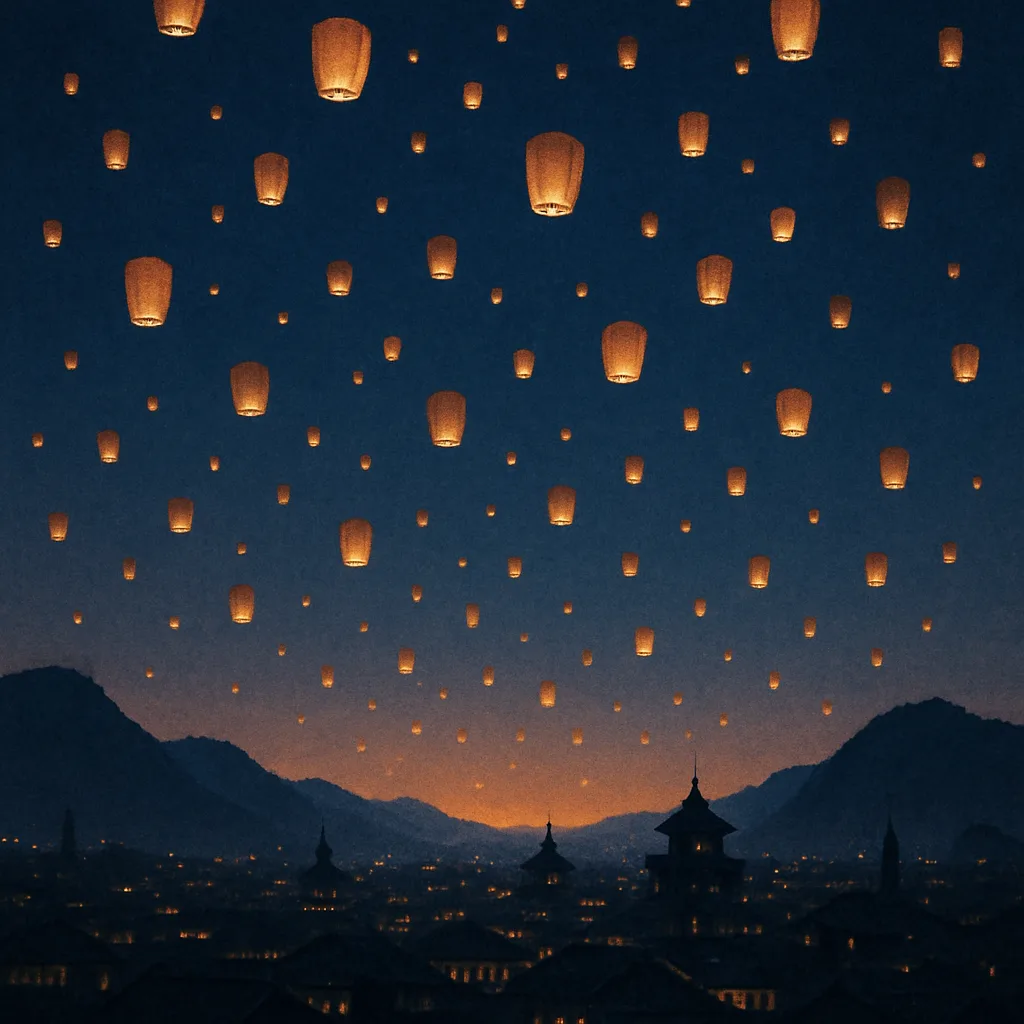 Multitude of Distant Paper Lanterns Gently Float Upwards