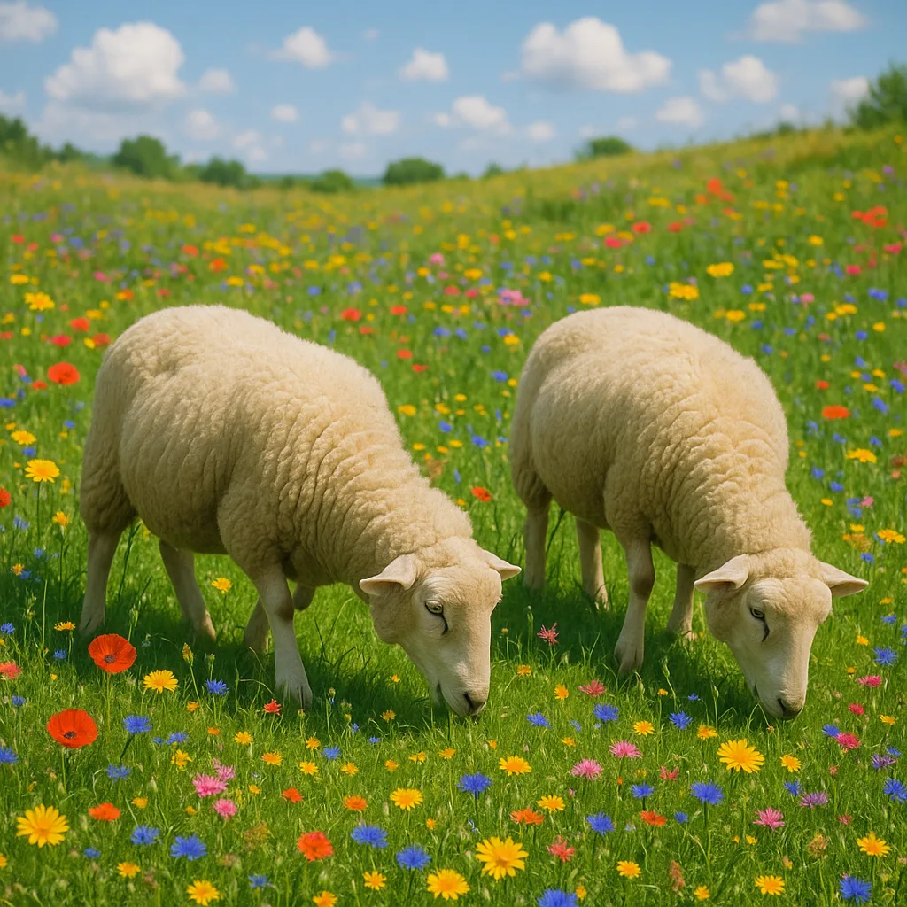 Pair of Sheep Feeding in a Lively Field