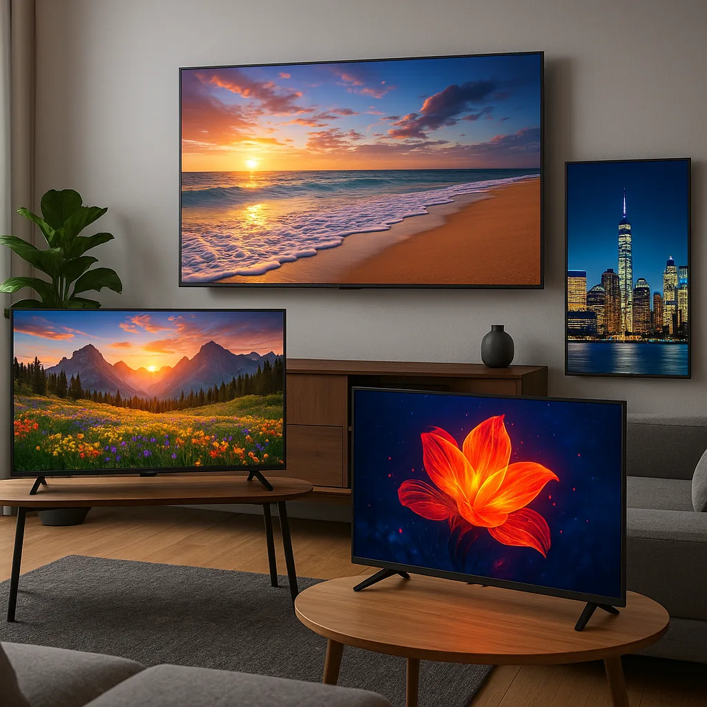 Showcasing a Contemporary Living Room Arrangement with Four Televisions