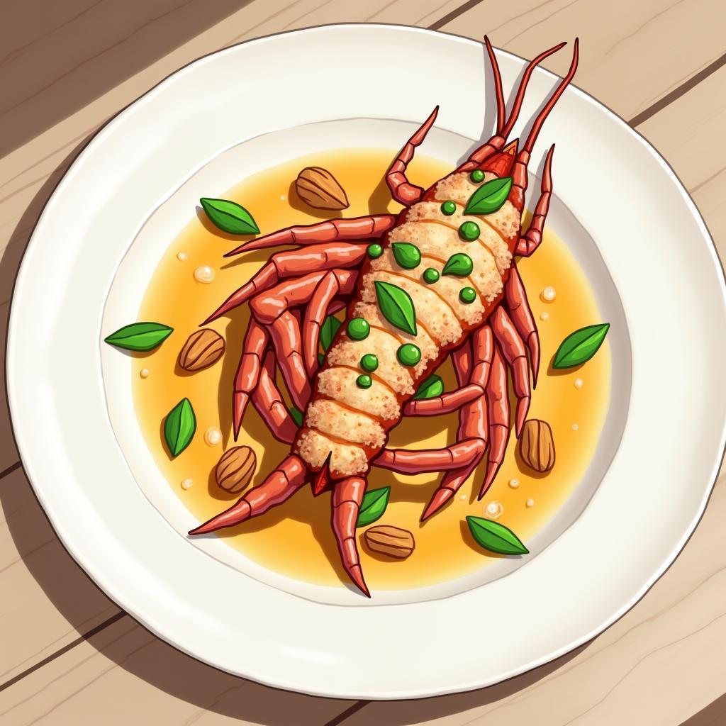 Anime Shellfish Dish Garnished With Peas and Nuts