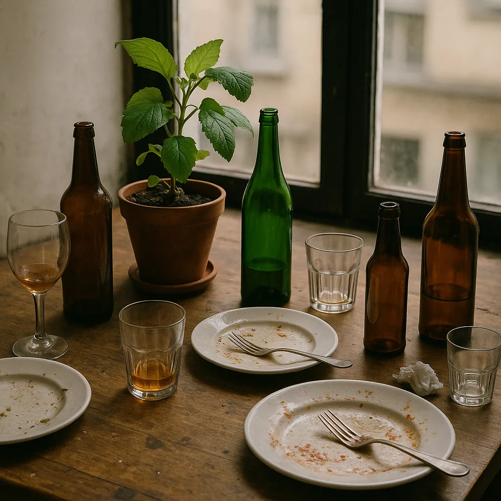 Cluttered Table with Empty Bottles