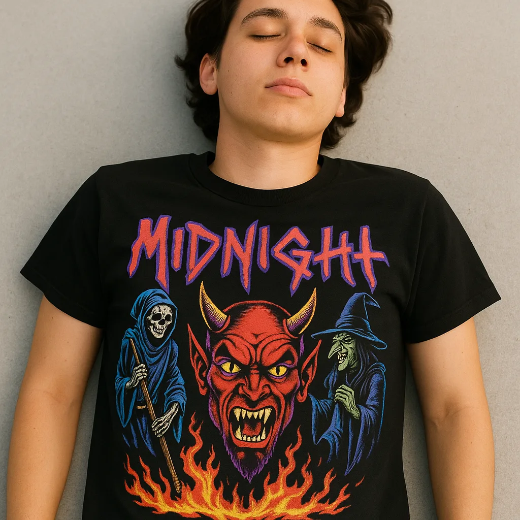 Person Lying on a Surface Wearing a Black Graphic T-shirt