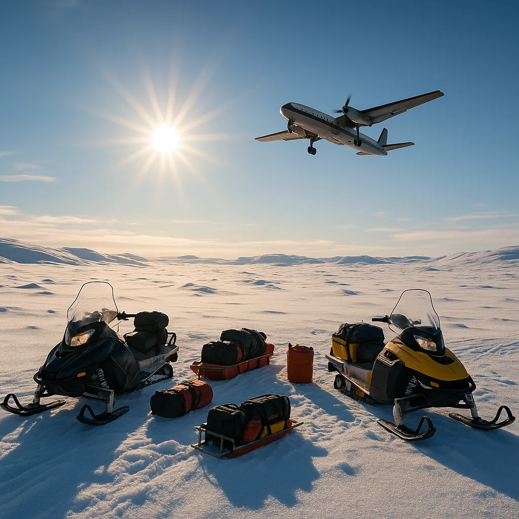 Snowy Landscape with Snowmobiles and Equipment in the Foreground
