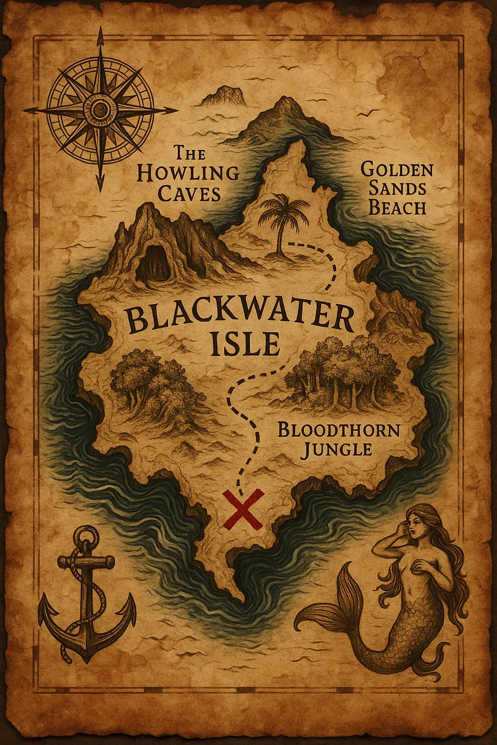 Detailed Treasure Map with an Aged Parchment Background Featuring Creases