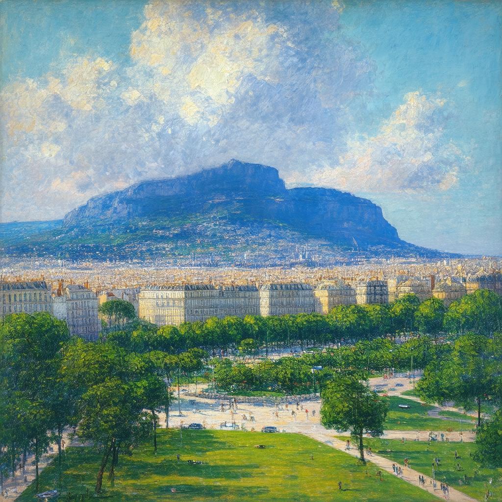 Impressionist French Coastal City With Park and Mountain