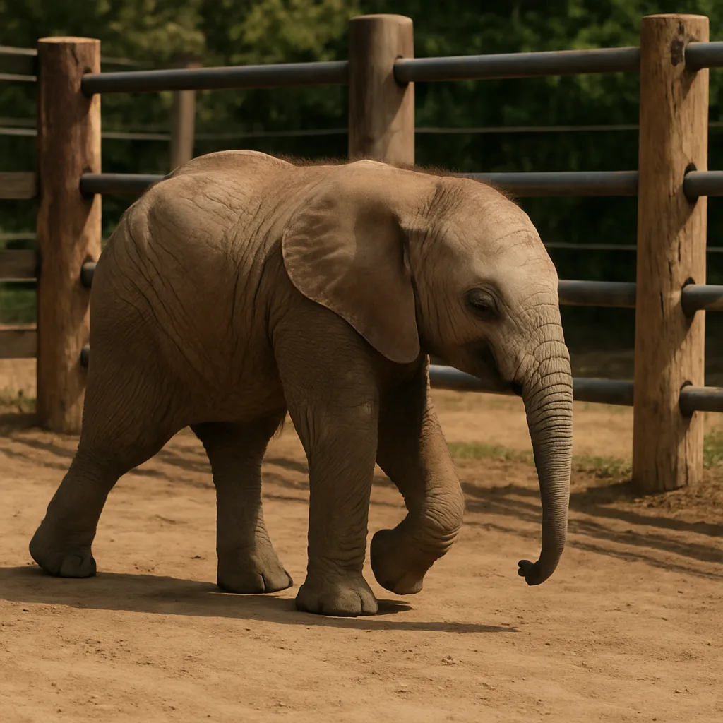 Young Elephant Walks on Dirt Inside an Enclosure with Wooden