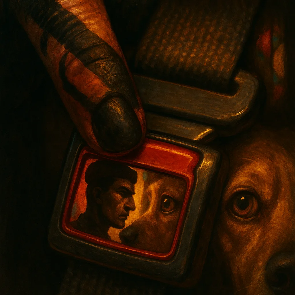 Villain's War-painted Fingertip Presses a Seatbelt's Bold Red Metallic Button