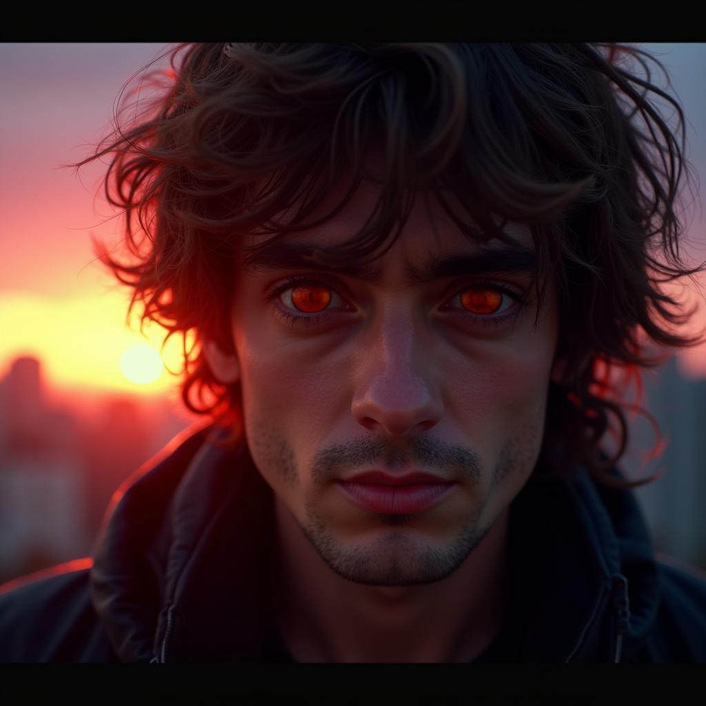 Weary Hacker Closeup Against a Dystopian Sunset City