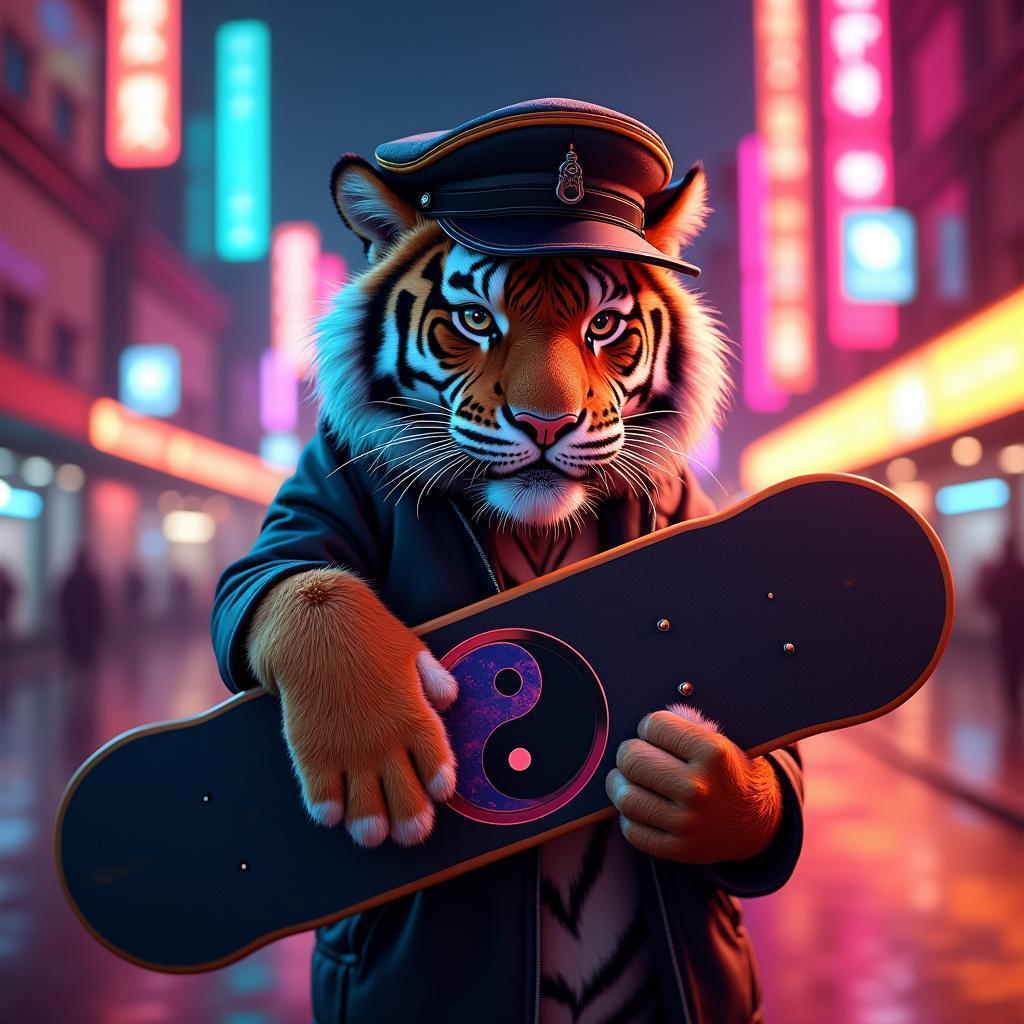 Neonpunk Tiger Conductor Gripping a Yin Yang Skateboard