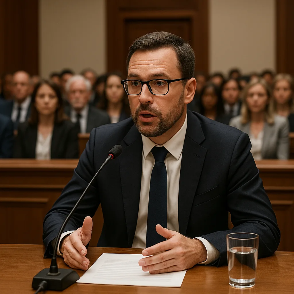 Man Is Testifying at a Public Hearing in a Formal