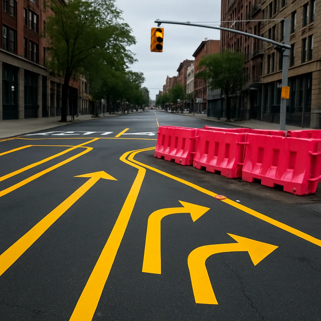 City Crossroads Featuring Freshly Applied Yellow Markings on the Asphalt