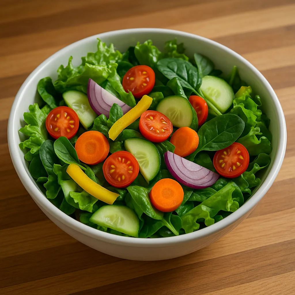 On a Wooden Countertop Sits a Bowl of Crisp Salad