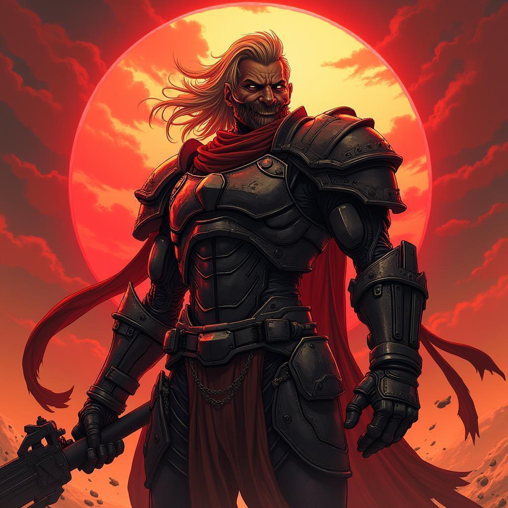 Armored Manga Warrior Against a Blazing Red Sunset