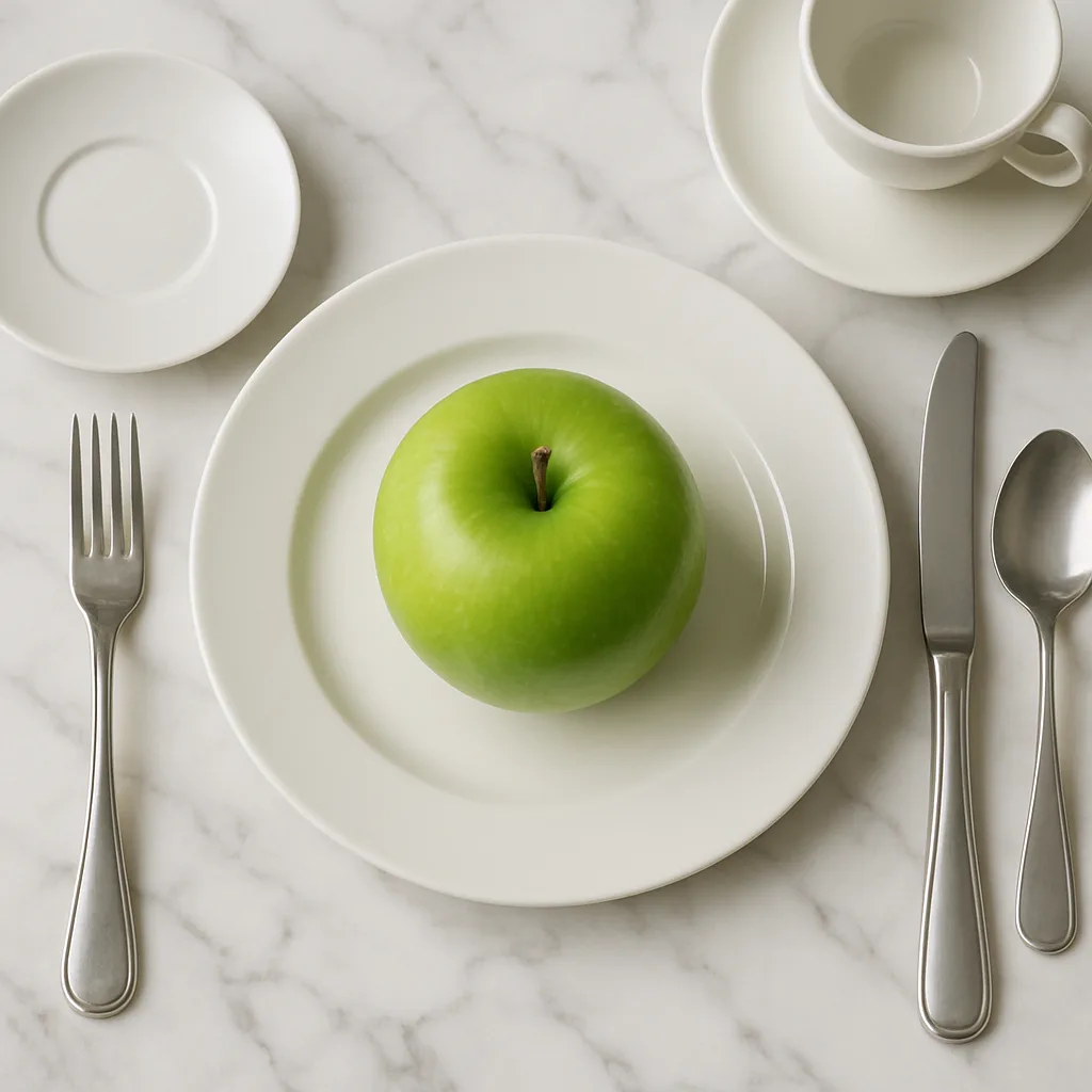 Green Apple on a White Plate Surrounded by Cutlery