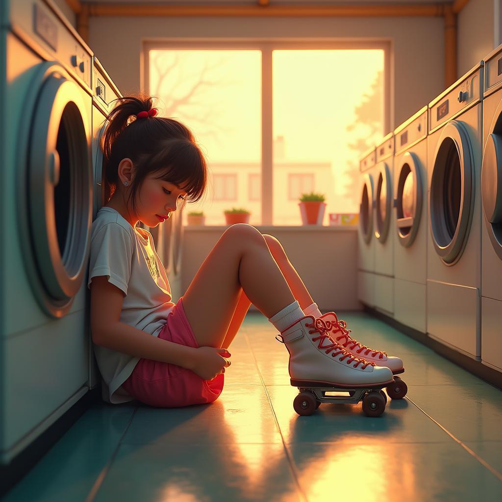 Roller Blade Girl Resting in a Nostalgic Laundromat