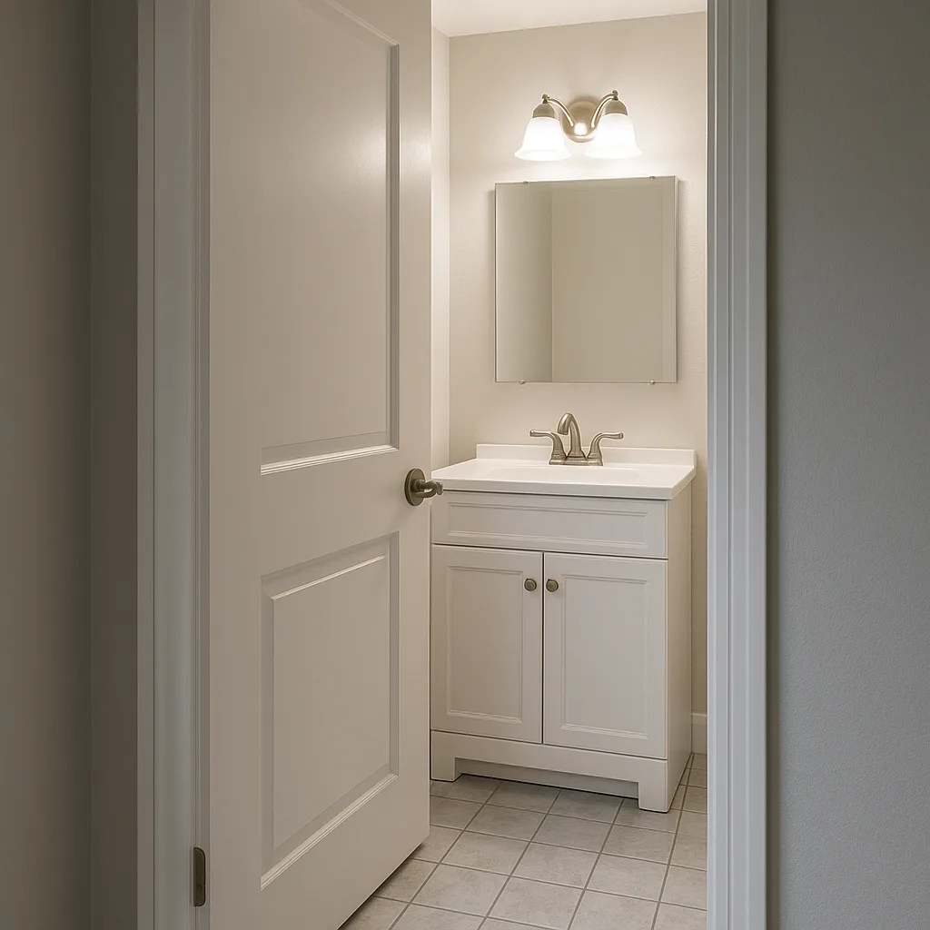 Partially Open Door Revealing a Small Bathroom