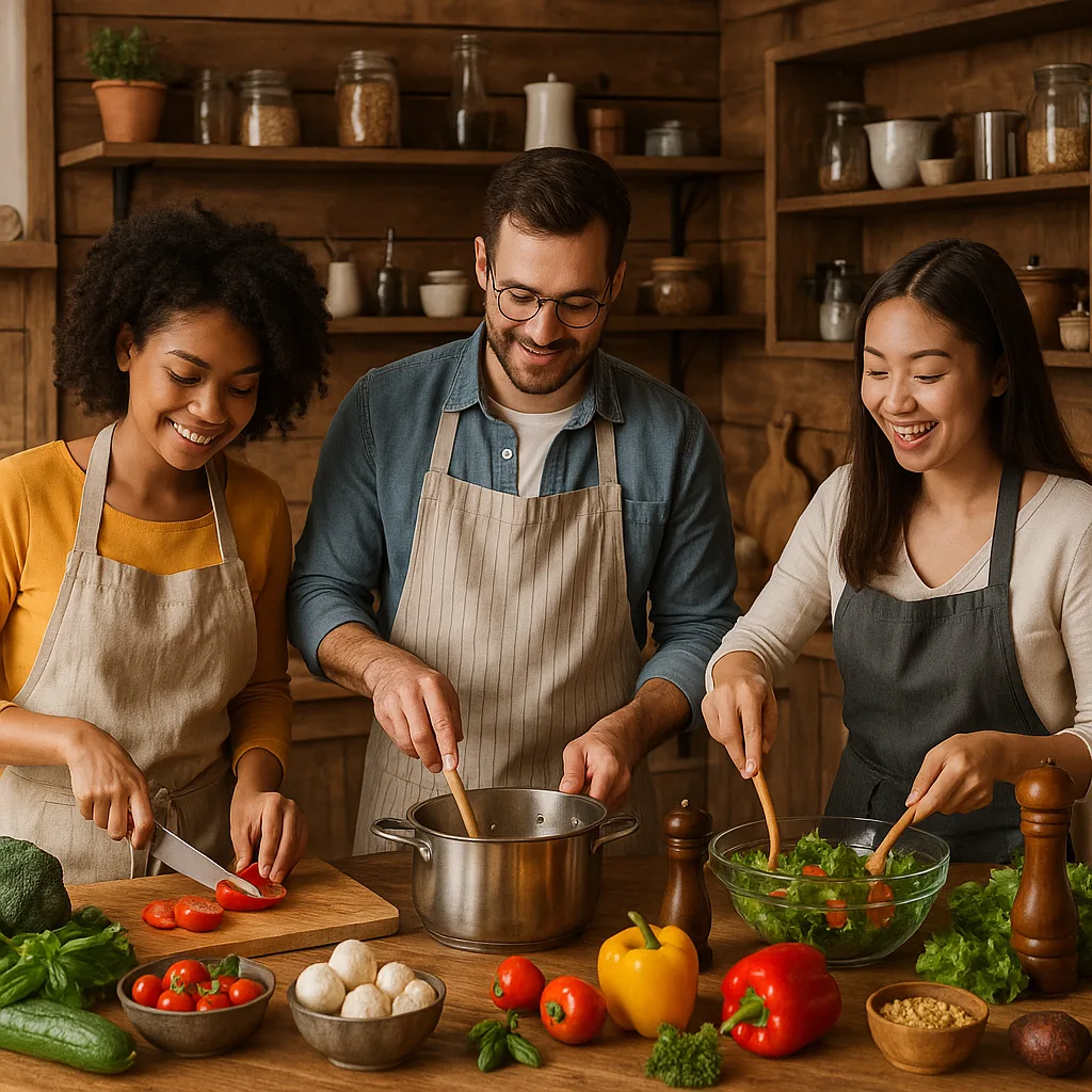 Three People Are Cooking in a Wooden Kitchen