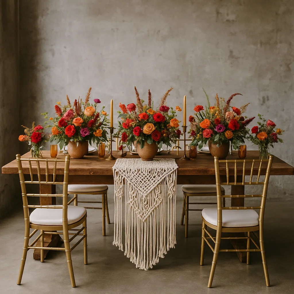 Rustic Dining Table Adorned with Colorful Floral Arrangements