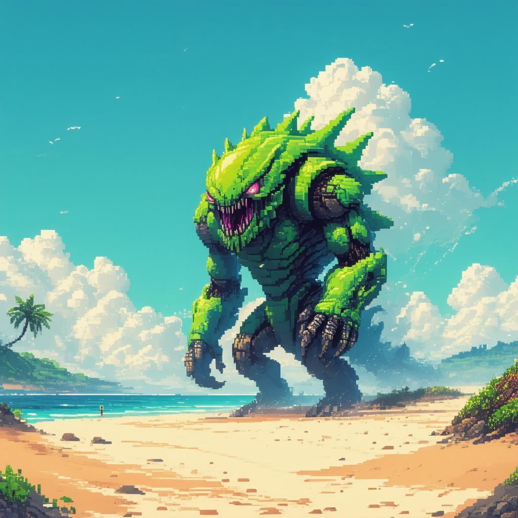 Massive Pixelated AI Creature Looming Over a Beach