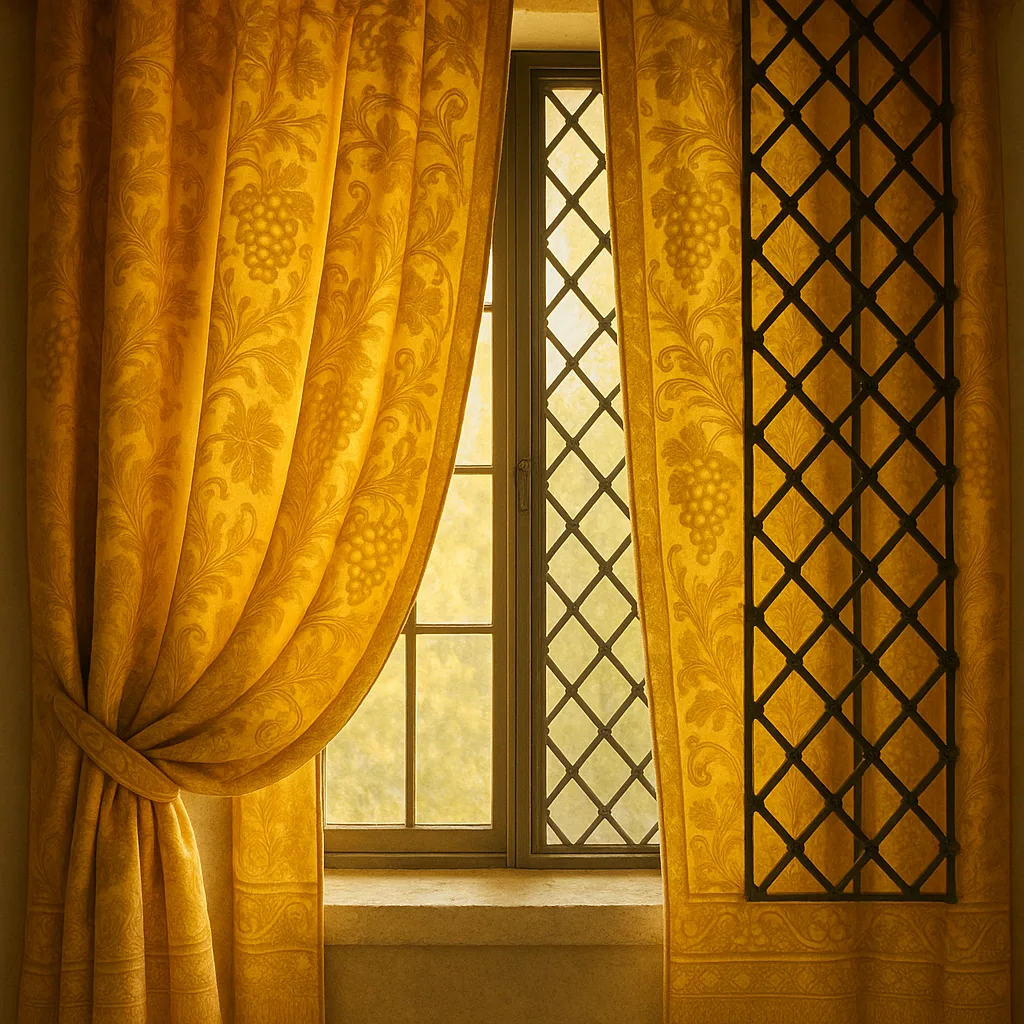Window with Bright Yellow Curtains Featuring Ornate Patterns