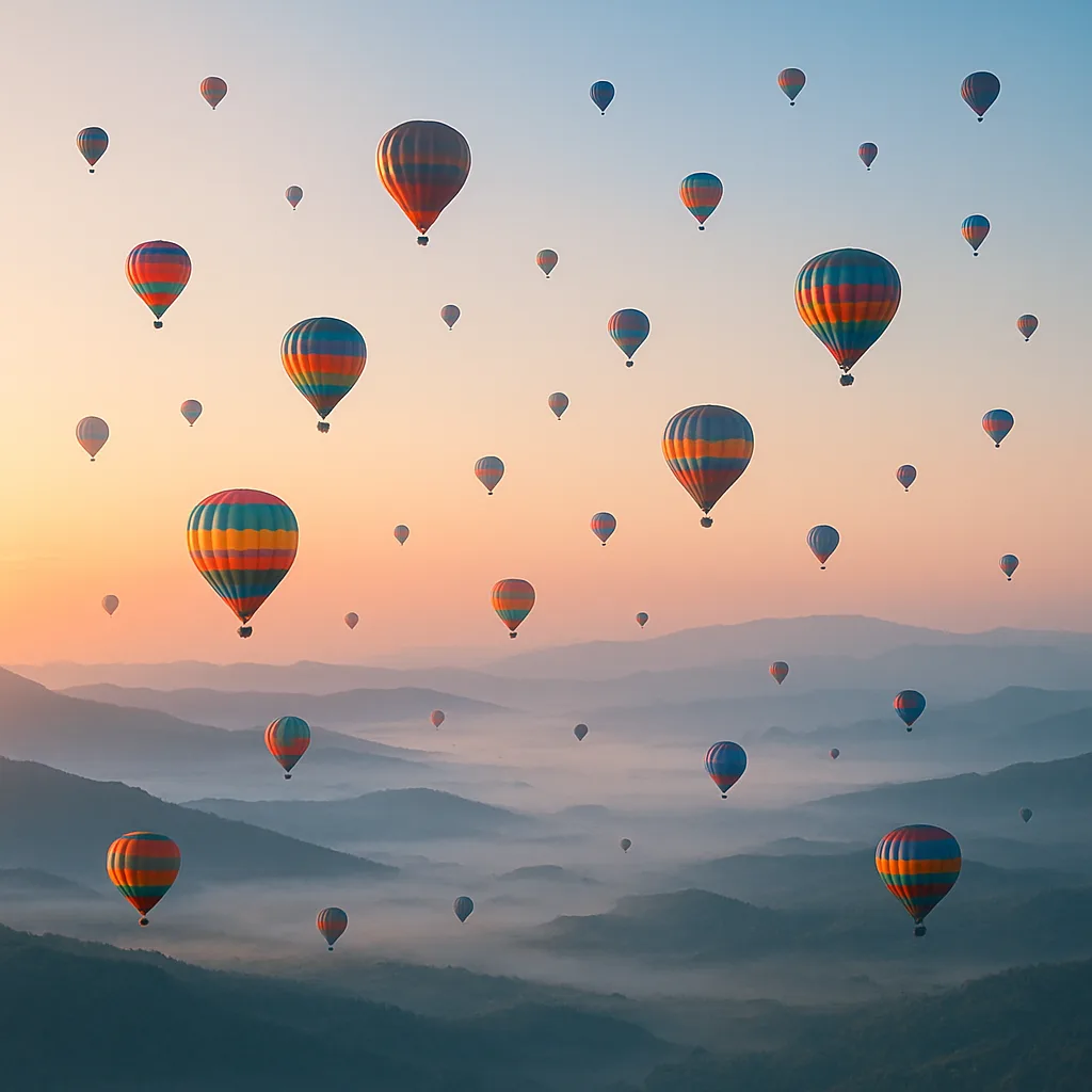 Dozens of Colorful Hot Air Balloons Drift Serenely