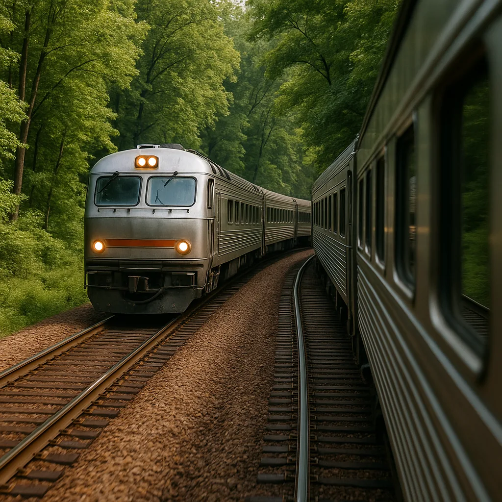Silver Passenger Train Approaches on a Curving Track