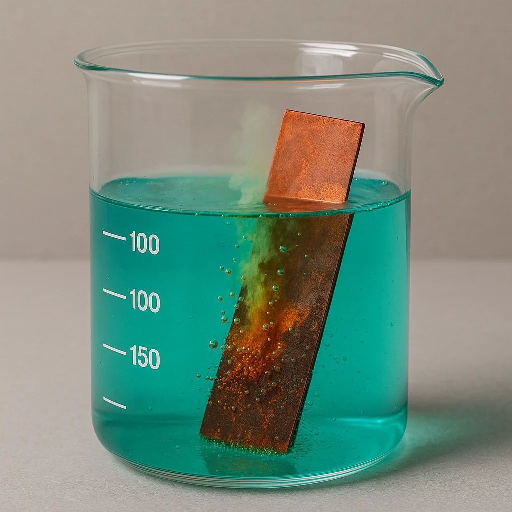 Chunk of Copper Undergoing a Reaction in a Beaker
