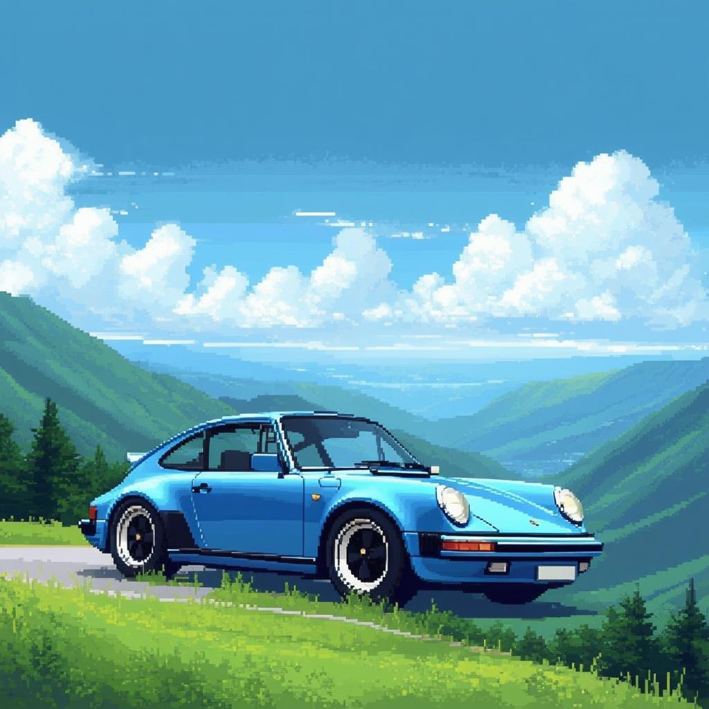 Blue 1977 Porsche 911 on a Pixel Mountain Curve