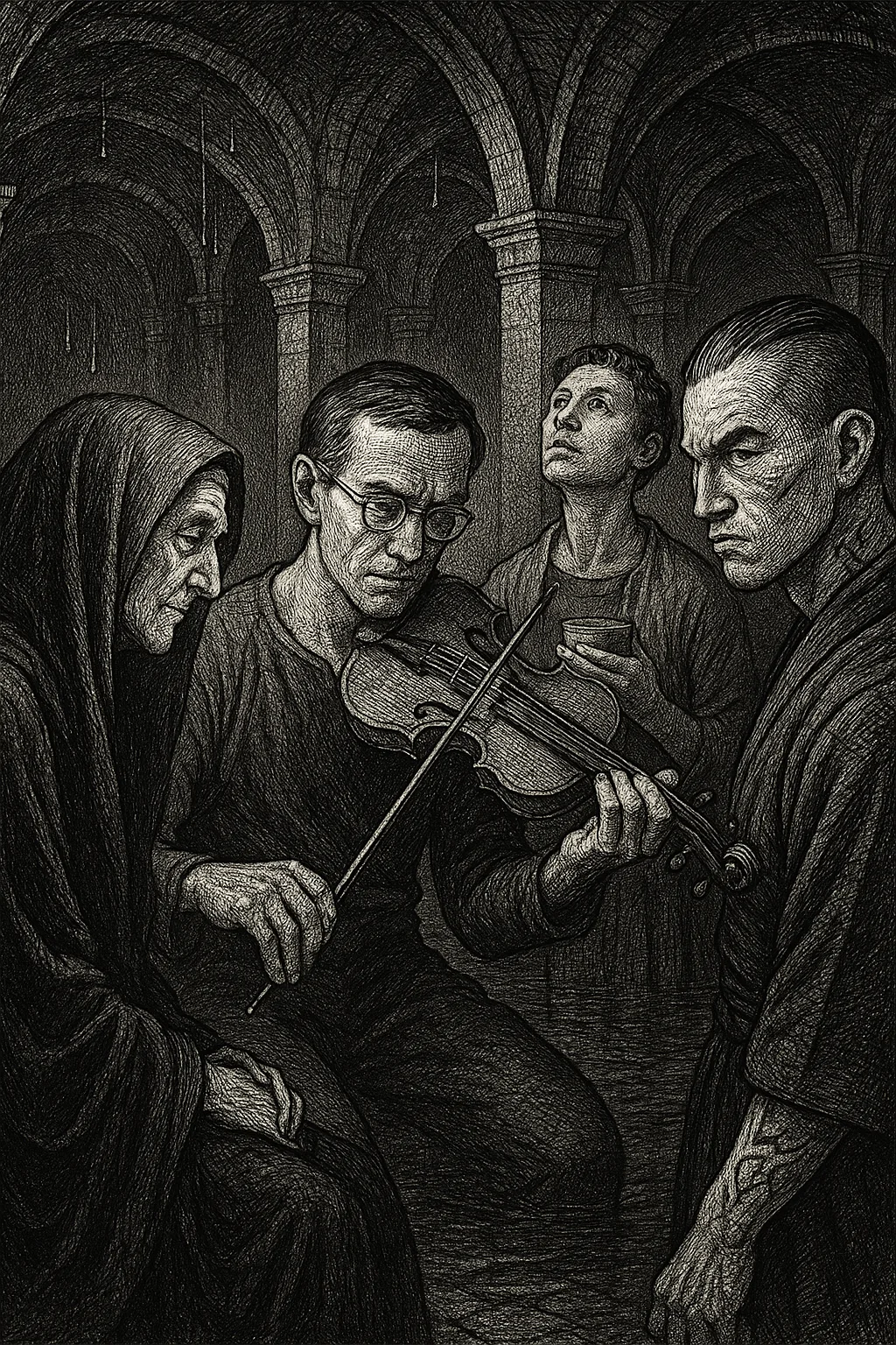 Four Figures Engage Within the Resonant Dampness of a Forgotten