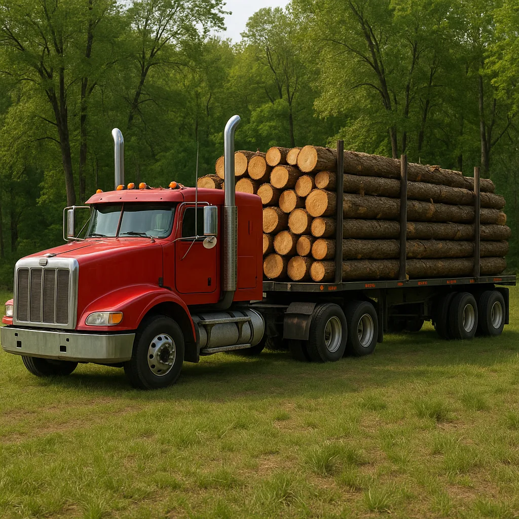 Red Semi-truck with a Flatbed Trailer Carrying Stacked Logs